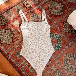 Reformation Floral One-Piece Swimsuit - White with Pink Roses